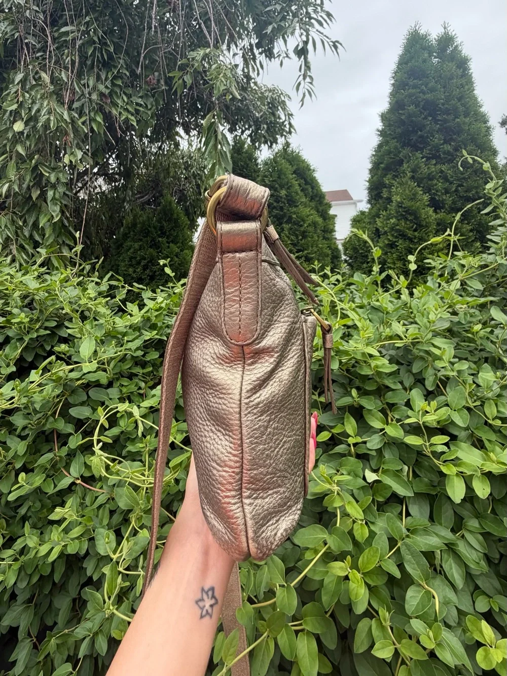 Fossil Metallic Taupe Pebbled Leather Crossbody with Scarf Accent